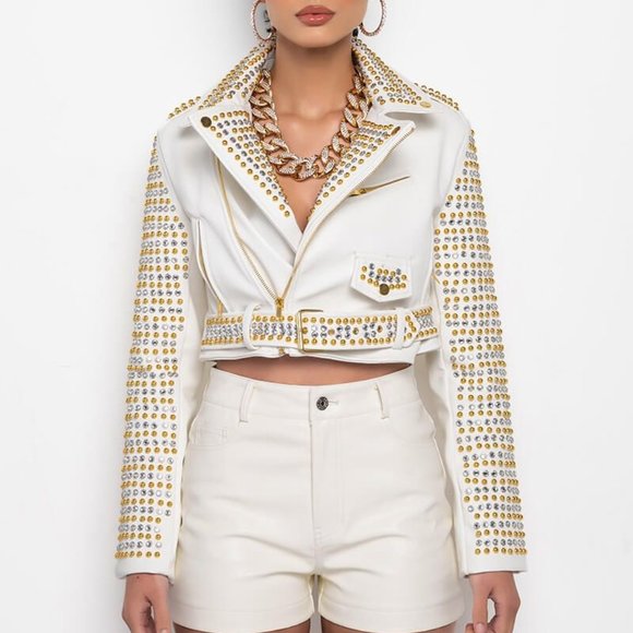 Callie Lives White Gold Azalea Wang Ivory l Studded Rhinestone Moto Jacket Large - Picture 3 of 8